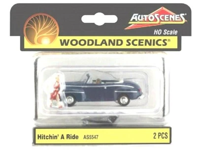 HO Scale Woodland Scenics AutoScenes AS5547 Hitchin' A Ride Blue Convertible - Image 1 of 2