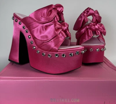 Sugar Thrillz Strike a Pose Diamante Bow Mule Heels Pink Satin Platform Size 10 - Image 1 of 4