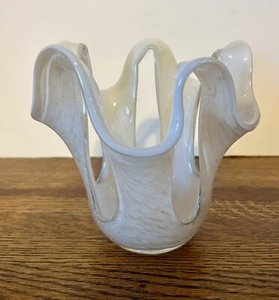Vintage Polish Art Glass Vase White Swirl Ruffled Edge Hand Blown - Picture 1 of 8