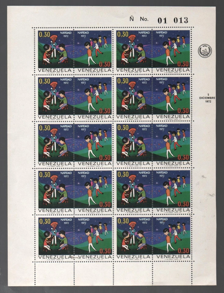 Venezuela: 1972; Scott 1006a en hoja completa de 10 pares, Navidad, VZ1936 Foto 1 de 1