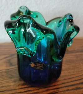 Vtg White Cristal Handblown Murano Art Glass Vase/Votive Candle Italy Blue Green - Picture 1 of 14