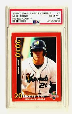 Tarjeta de béisbol 2010 Cedar Rapids Kernels #2 Mike Trout RC PSA 10 Rising Alumni Foto 1 de 4
