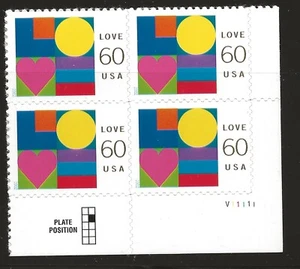 US Scott #3658, Plate Block #V11111 2002 Love 60c VF MNH Lower Right - Picture 1 of 1