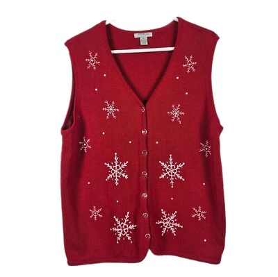 Colete suéter vermelho inverno feriado Natal bordado frisado flocos de neve GG - Imagem 1 de 4