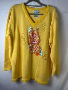 The Quacker Factory NWT Size 1X Yellow Butterfly Sequin Sweater Velvet Neck Line - Picture 1 of 14