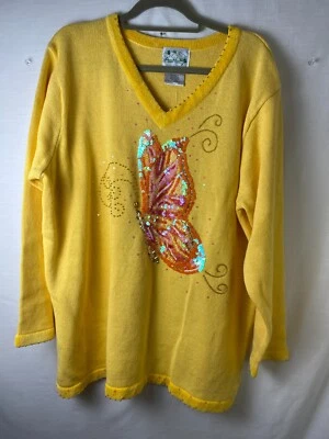 The Quacker Factory NWT Size 1X Yellow Butterfly Sequin Sweater Velvet Neck Line - Image 1 of 4