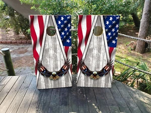 WASSERDICHT & LICHTFEST Cornhole Board Wraps grau Holzmaserung USA Flagge / - Bild 1 von 9