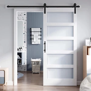 36X80 Inch Glass Sliding Barn Door Slab and 6.6Ft Hardware Kit Included, 5 Frost - Picture 1 of 7