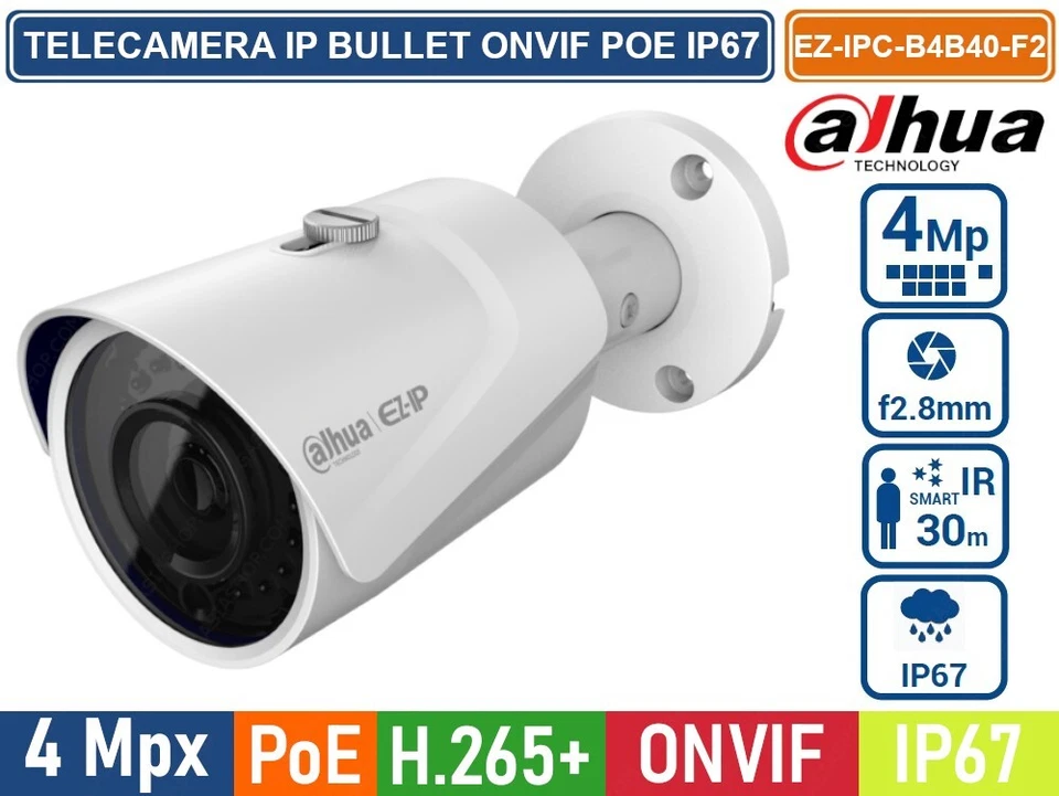 DAHUA TELECAMERA IP NETWORK BULLET 4 MEGAPIXEL OTTICA 2.8MM ONVIF POE IP67. - Immagine 1 di 1
