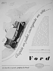 PUBLICITÉ DE PRESSE 1930 FORD RAPIDE EN PALIER COURAGEUSE EN CÔTE ADVERTISING - Picture 1 of 1