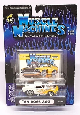Muscle Machines 1/64 Scale 71161 02-98 - 1969 Ford Mustang Boss 302 White/Yellow - Image 1 of 4