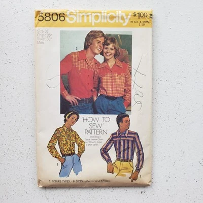 1970s Vintage Simplicity 5806 Mens 36" Long Sleeve Collared Shirt Sewing Pattern - Image 1 of 3