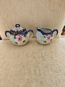 Cream & Sugar Set Vintage Hand Painted Antique Flowers Cobalt Blue Trim - Picture 1 of 6