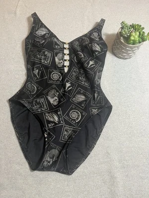 Vintage 90s La Blanca Swimsuit Women 14 -Large Stamps print One Piece - Image 1 of 4