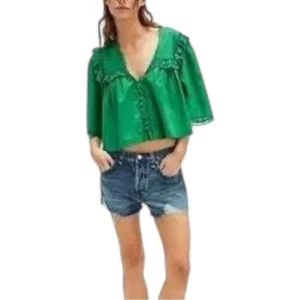 New Free People Luna Flowy Lace Ruffle Oversized Crop Top in Green Size XS - Picture 1 of 7