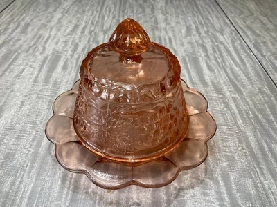 Moser Domed Pink Depression Glass Grape & Cable Round Covered Cheese Butter Dish - Image 1 of 4