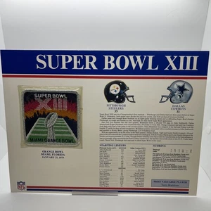 TARJETA ESTADÍSTICA SUPER BOWL XIII CON PARCHE STEELERS VS COWBOYS WILLABEE & WARD - Imagen 1 de 4
