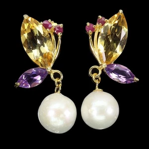925 Sterling Silver Earrings Marquise Citrine Amethyst Pearl Gemstone Jewelry - Picture 1 of 14