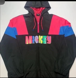 Disney Mickey Mouse Vintage Windbreaker Jacket 1/3 Zip Hooded Size Large Y2K - Picture 1 of 9