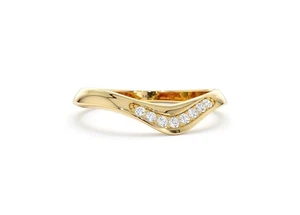 14k Gold Round Chevron Diamond Ring, Dainty Solid Gold Stackable Band Ring - Picture 1 of 7