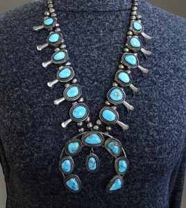 COLLAR NAVAJO RAY DELGARITO plata esterlina TURQUESA flor de calabaza - Imagen 1 de 16