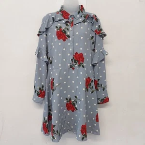 Ladies Dress Size 18 Blue Multi Spotted Floral Long Sleeve Ruffle Colut Out Back - Picture 1 of 11