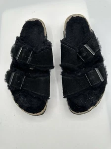 Birkenstock Arizona Shearling Lined Fur Black Suede Sandals Womens 38 7 L 5 M - Picture 1 of 7