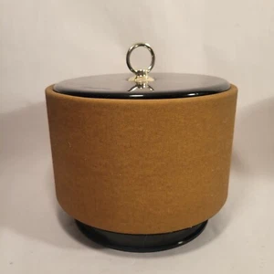 Ice Bucket Vintage Retro 1970s Faux Leather Tan Beige Black Lidded - Picture 1 of 8
