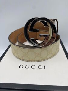 Gucci Interlocking GG Supreme Leather Unisex Belt Ivory x Silver Size 90/36
