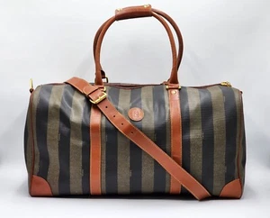Fendi Pequin Pecan Bauletto Stripe Boston Travel Bag with Strap - Picture 1 of 22