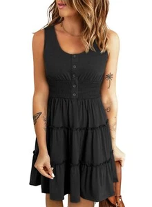 Womens Summer Dresses 2024 Sleeveless Button Down Smocked Elastic Waist Ruffl... - Picture 1 of 6