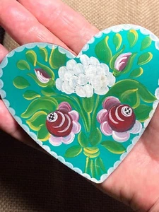 Vintage Wooden Heart - Tole Painted by Hand; Green Floral - Large magnet - Picture 1 of 4