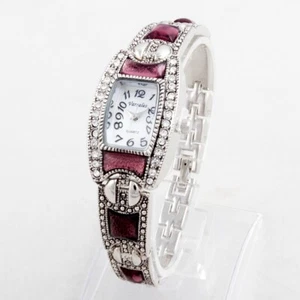 Amethyst Crystal, Purple stone, Antique Marcasite Watch in Rectangular MOP Dial - Picture 1 of 5