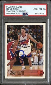 STEVE NASH #13 SIGNED SUNS 1996 TOPPS ROOKIE CARD #182 PSA/DNA AUTO 10