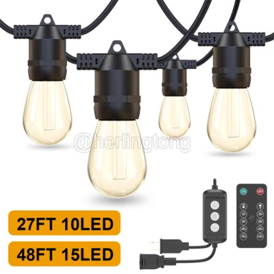 48FT Outdoor String Lights Patio Lights 15 LED S14 Bulb IP65 Waterproof w/Remote - Image 1 of 4
