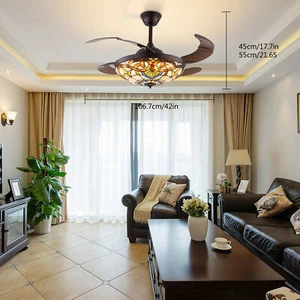 Ceiling Fan Light Glass Shade LED Chandelier Stained Retractable+Remote Control - Picture 1 of 15