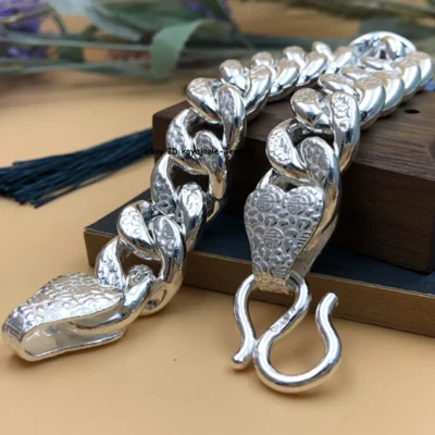 Solid 999 Fine Silver Chain 7mm-18mm Fu Pattern Cuban Curb Link Bracelet 6-9inch - Image 1 of 4