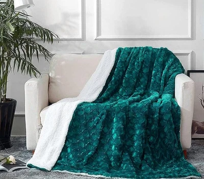 Cobertor de pele sintética DaDa verde esmeralda azul macio quente Sherpa traseiro - Imagem 1 de 4