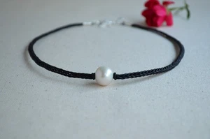 Large Edison Pearl on Braided Leather Necklace/Choker Handmade Gift For Her - Picture 1 of 12