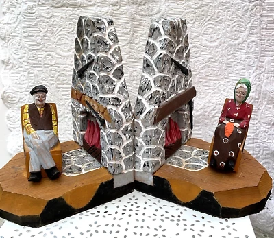 Canadiana Hand Carved Bookends Ma & Pa Rocking Fireplace One of a Kind Hannah - Image 1 of 4