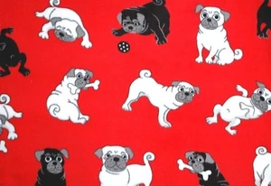 BTY*HOLIDAY CHRISTMAS PUG DOG PUPPY BLACK/WHITE ON RED FLEECE FABRIC 1 YD 60X36" - Picture 1 of 3