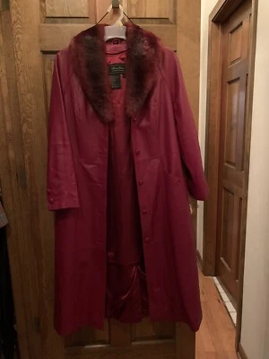 Abrigo Terry Lewis Clásico Lujos Mujeres ROJO Largo Completo Cuero Cuello Piel Talla S Foto 1 de 4