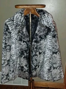 Dennis Basso Faux Fur Coat Black White And Gray Animal Print Medium New - Picture 1 of 6