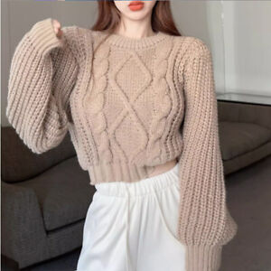 Womens Korean Fashion Chunky Knitted Round Neck Short Sweater Loose Jumper Tops
