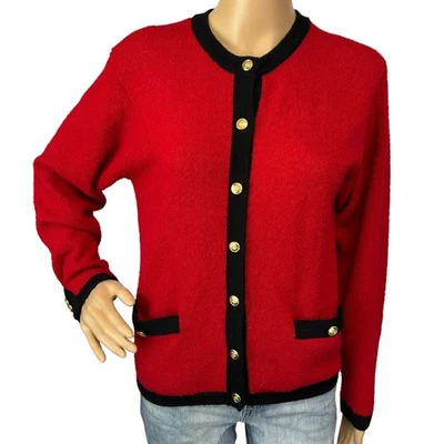 Talbots Boiled Wool Blend Sweater Red Black w/ Gold Button Front Size S - Image 1 of 4