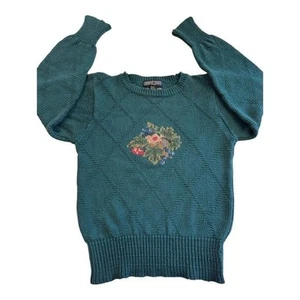 Vintage Herman Geist Sweater S Teal Floral Knit Hand Embroidered Made in Korea - Picture 1 of 11