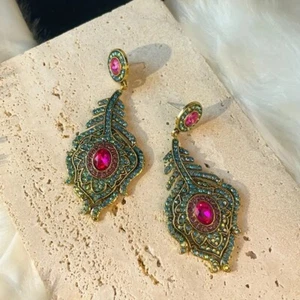 Museum Peacock Earrings Palace Feather Blue Gold Medieval Pink Boho CZ VTG Tudor - Picture 1 of 8