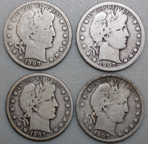 1907 P D O S Silver Barber Half Dollars 50c US Type 4 Coins Year Set Circulated Cover