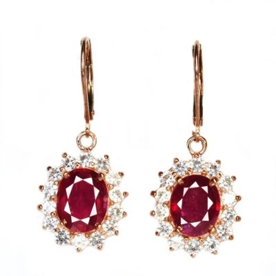 925 STERLING SILVER NATURAL PIGEON BLOOD RED RUBY & WHITE CZ  DANGLE EARRING - Image 1 of 4