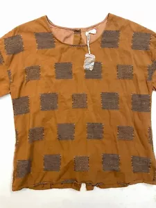 Roolee XL Brown Patchwork Button Back Blouse Top Scoop Neck S/S new other - Picture 1 of 7